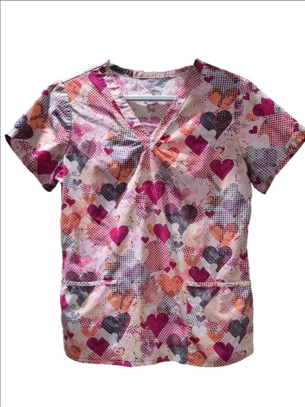 Pink Polka Dot Heart Nursing Scrub Top Cotton Stretch S/P